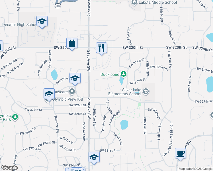 map of restaurants, bars, coffee shops, grocery stores, and more near 32330 18th Avenue Southwest in Federal Way