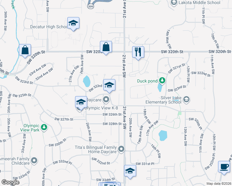 map of restaurants, bars, coffee shops, grocery stores, and more near 32500 23rd Avenue Southwest in Federal Way
