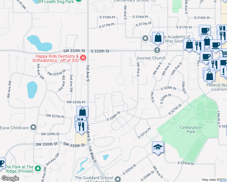 map of restaurants, bars, coffee shops, grocery stores, and more near 32507 3rd Place South in Federal Way