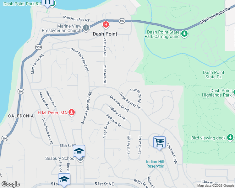 map of restaurants, bars, coffee shops, grocery stores, and more near 5614 Norpoint Way in Tacoma