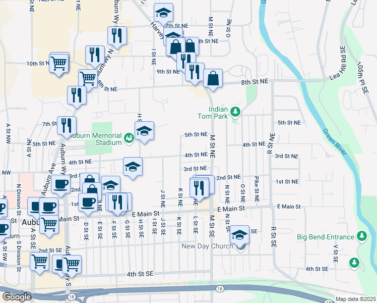 map of restaurants, bars, coffee shops, grocery stores, and more near 1111 4th Street Northeast in Auburn