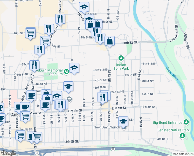 map of restaurants, bars, coffee shops, grocery stores, and more near 1111 4th Street Northeast in Auburn