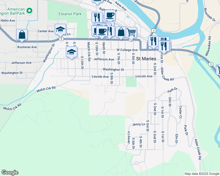 map of restaurants, bars, coffee shops, grocery stores, and more near 843 Highland Avenue in St. Maries