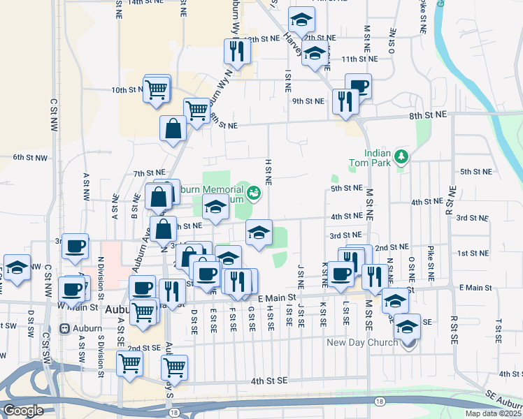 map of restaurants, bars, coffee shops, grocery stores, and more near 411 H Street Northeast in Auburn