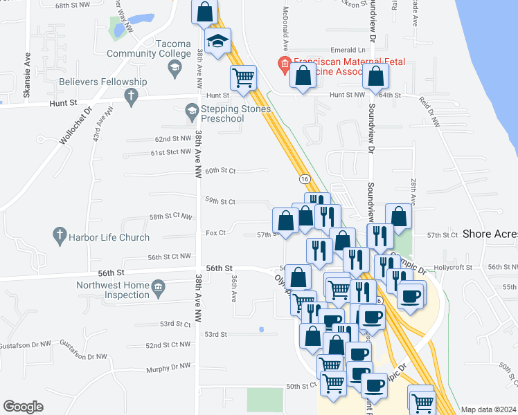 map of restaurants, bars, coffee shops, grocery stores, and more near 3506 59th Street Court in Gig Harbor