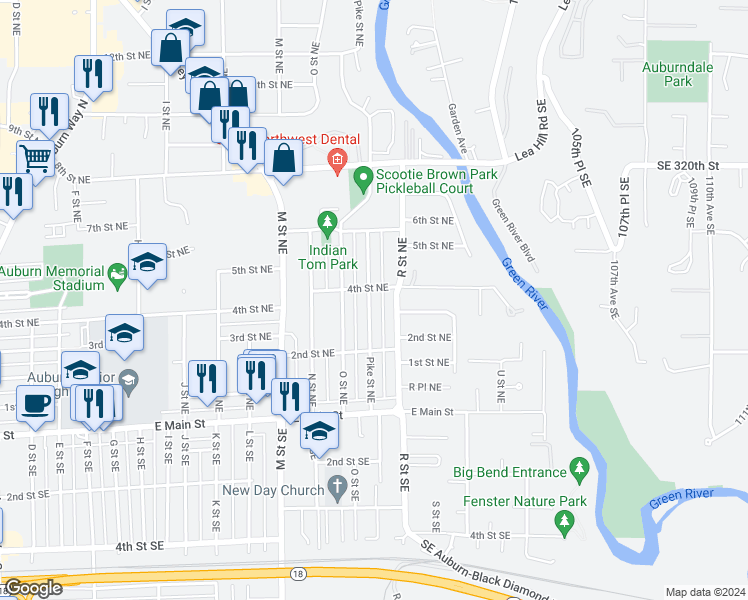 map of restaurants, bars, coffee shops, grocery stores, and more near 316 Pike Street Northeast in Auburn