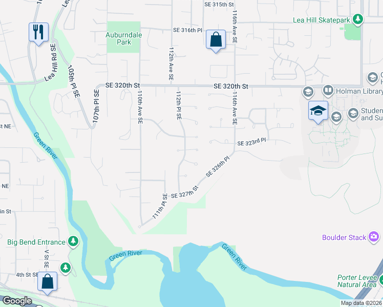 map of restaurants, bars, coffee shops, grocery stores, and more near 11251 Southeast 324th Street in Auburn