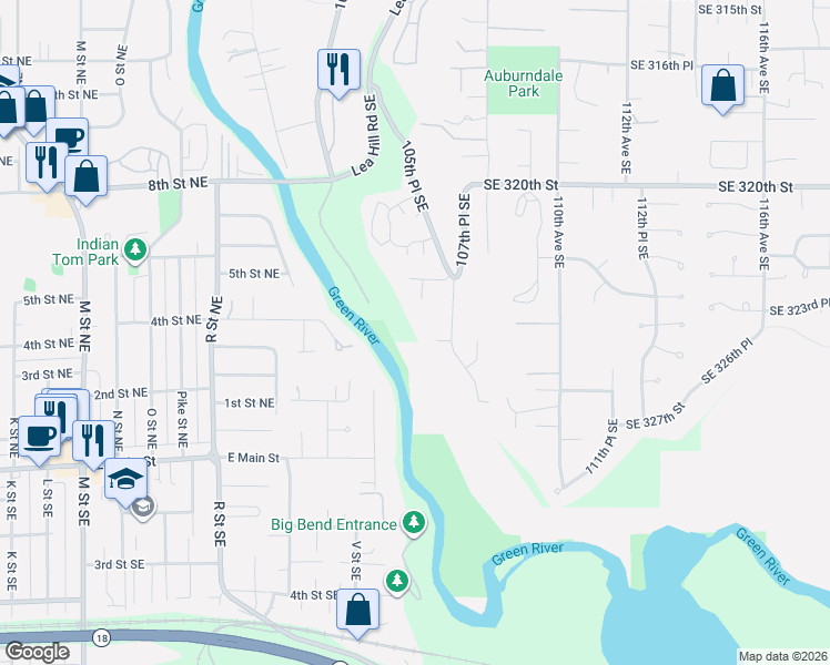 map of restaurants, bars, coffee shops, grocery stores, and more near 10602 Southeast 325th Place in Auburn