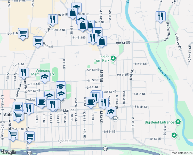 map of restaurants, bars, coffee shops, grocery stores, and more near 1205 4th Street Northeast in Auburn