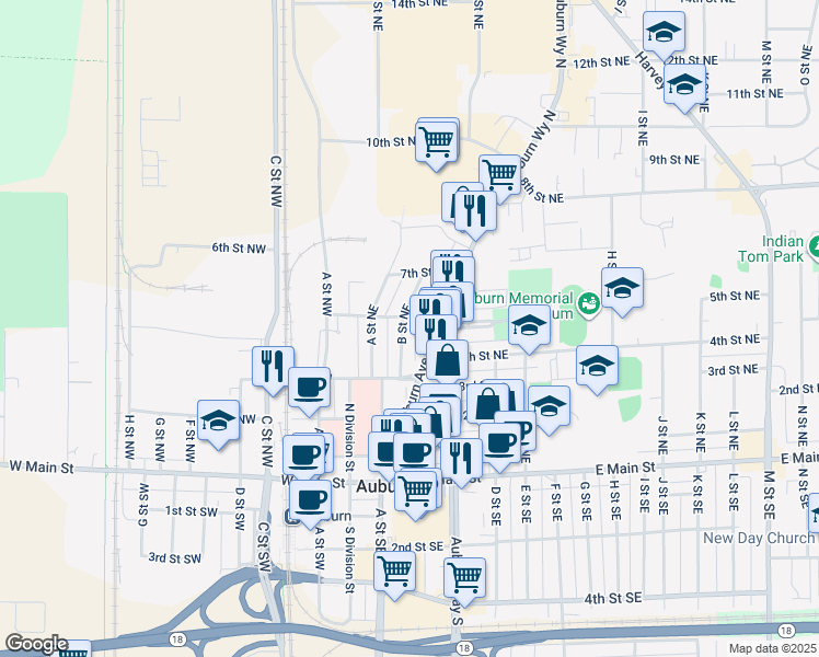 map of restaurants, bars, coffee shops, grocery stores, and more near 418 B Street Northeast in Auburn