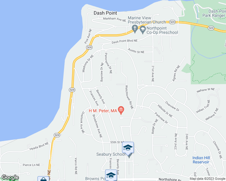 map of restaurants, bars, coffee shops, grocery stores, and more near 5937 Scenic Drive Northeast in Tacoma