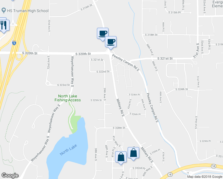map of restaurants, bars, coffee shops, grocery stores, and more near 32261 Military Road South in Federal Way