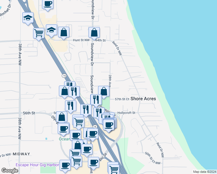 map of restaurants, bars, coffee shops, grocery stores, and more near 2888 Kelsey Lane in Gig Harbor