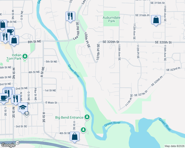 map of restaurants, bars, coffee shops, grocery stores, and more near 32406 107th Avenue Southeast in Auburn
