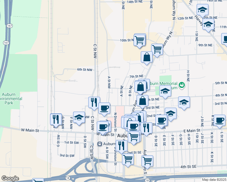 map of restaurants, bars, coffee shops, grocery stores, and more near 22 5th Street Northeast in Auburn