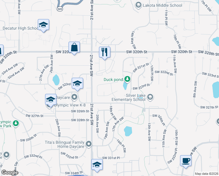 map of restaurants, bars, coffee shops, grocery stores, and more near 32330 18th Avenue Southwest in Federal Way