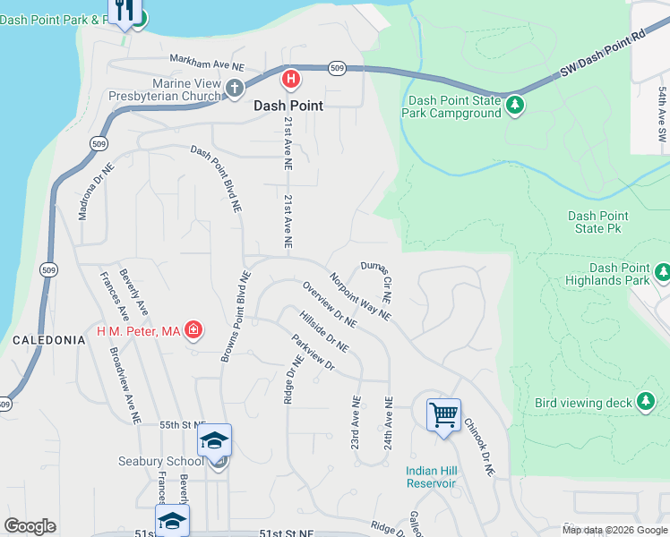 map of restaurants, bars, coffee shops, grocery stores, and more near 5614 Norpoint Way in Tacoma