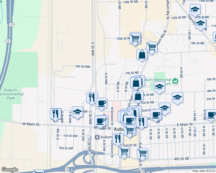 map of restaurants, bars, coffee shops, grocery stores, and more near 22 5th Street Northeast in Auburn