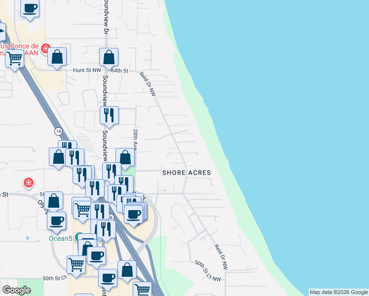 map of restaurants, bars, coffee shops, grocery stores, and more near 5807 Reid Drive Northwest in Gig Harbor