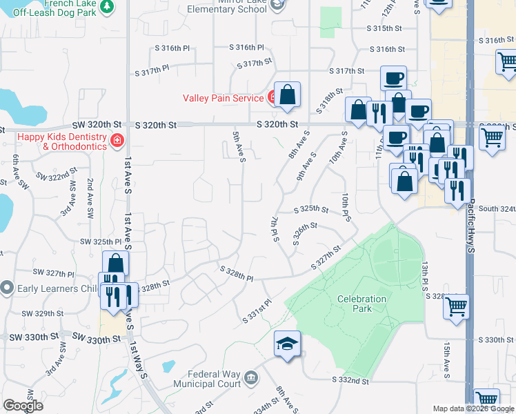map of restaurants, bars, coffee shops, grocery stores, and more near 520 South 323rd Place in Federal Way