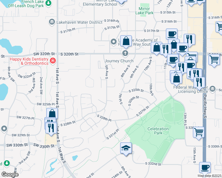 map of restaurants, bars, coffee shops, grocery stores, and more near 505 South 323rd Place in Federal Way