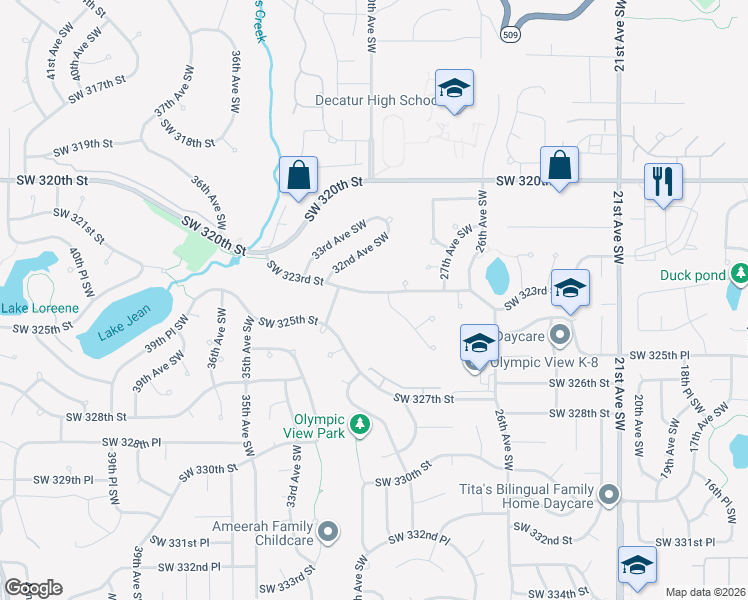 map of restaurants, bars, coffee shops, grocery stores, and more near 2913 Southwest 323rd Street in Federal Way