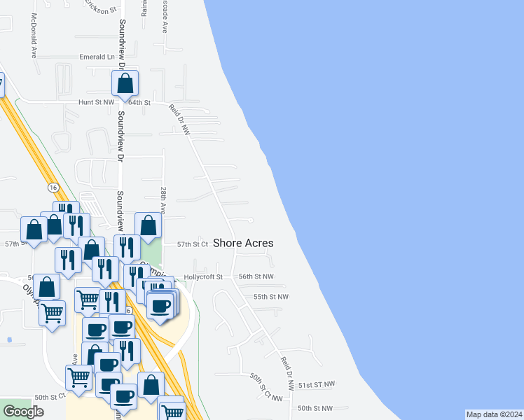 map of restaurants, bars, coffee shops, grocery stores, and more near 5821 Reid Drive Northwest in Gig Harbor