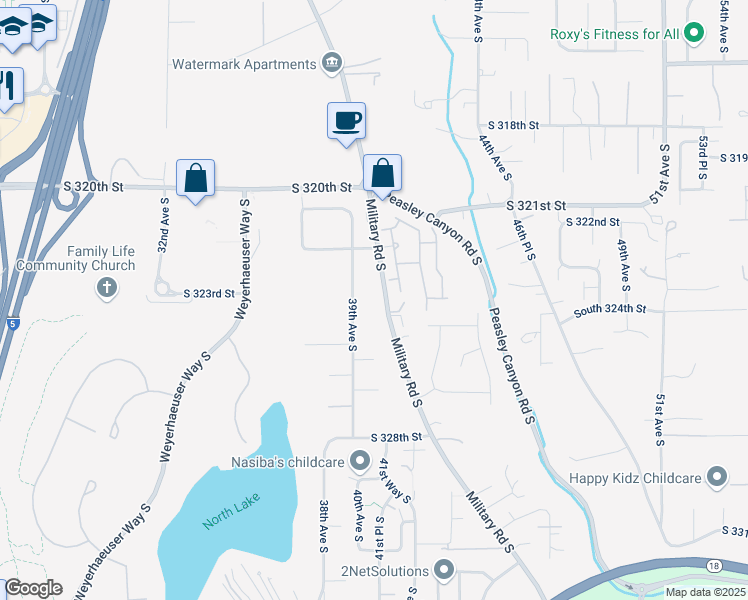 map of restaurants, bars, coffee shops, grocery stores, and more near 32261 Military Road South in Federal Way