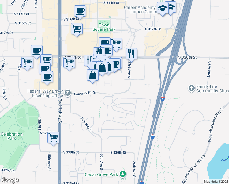 map of restaurants, bars, coffee shops, grocery stores, and more near 2104 South 324th Street in Federal Way