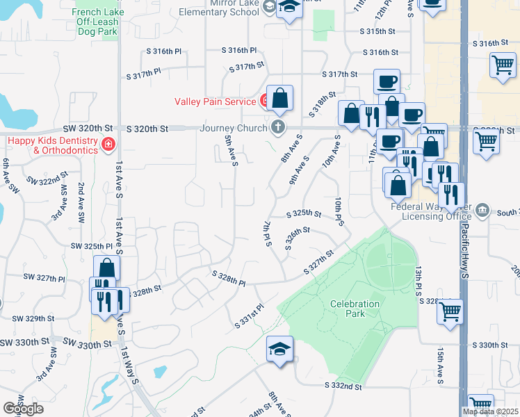 map of restaurants, bars, coffee shops, grocery stores, and more near 505 South 323rd Place in Federal Way