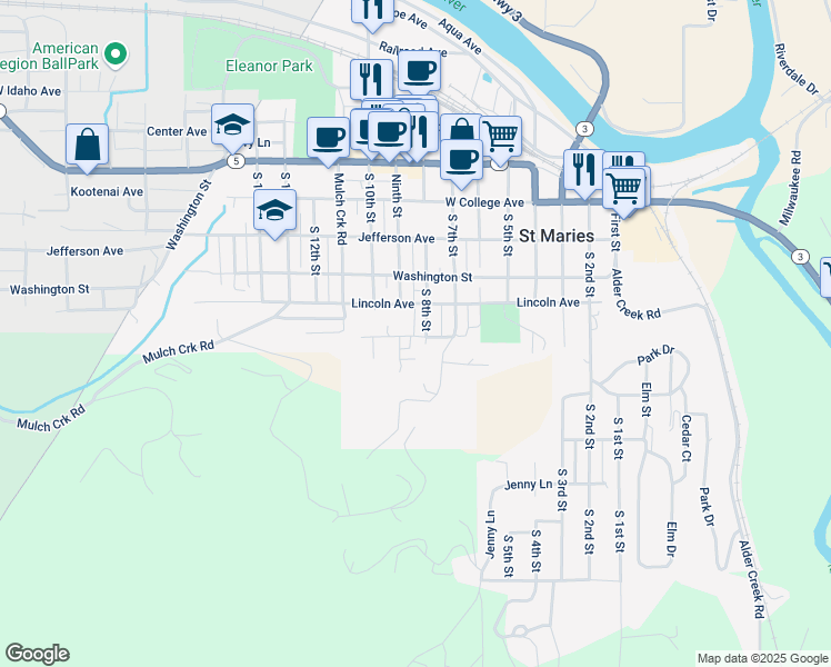 map of restaurants, bars, coffee shops, grocery stores, and more near 843 Highland Avenue in Saint Maries