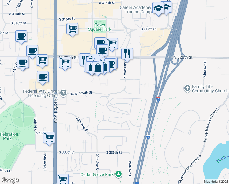 map of restaurants, bars, coffee shops, grocery stores, and more near 2104 South 324th Street in Federal Way