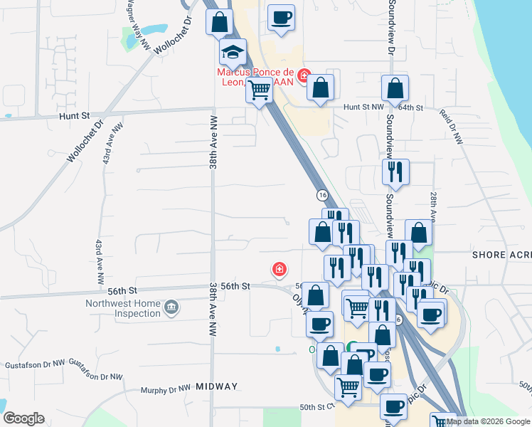 map of restaurants, bars, coffee shops, grocery stores, and more near 3511 59th Street Court in Gig Harbor