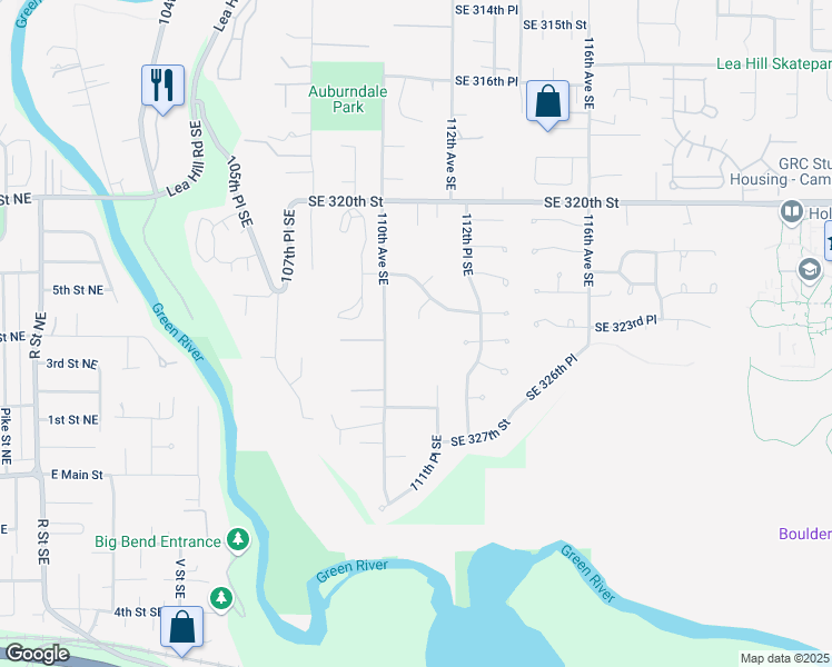 map of restaurants, bars, coffee shops, grocery stores, and more near 32408 110th Avenue Southeast in Auburn