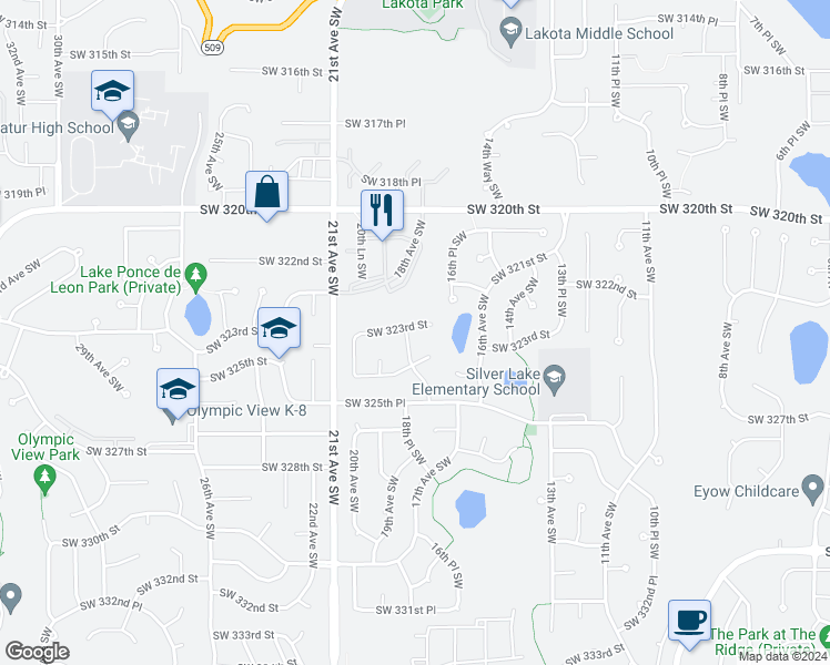 map of restaurants, bars, coffee shops, grocery stores, and more near 32306 18th Avenue Southwest in Federal Way
