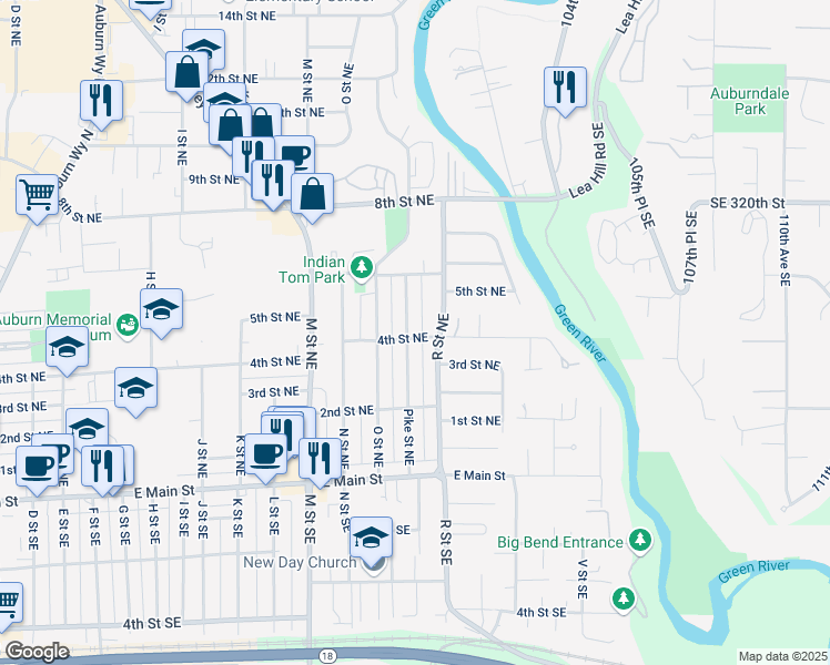 map of restaurants, bars, coffee shops, grocery stores, and more near 316 Pike Street Northeast in Auburn