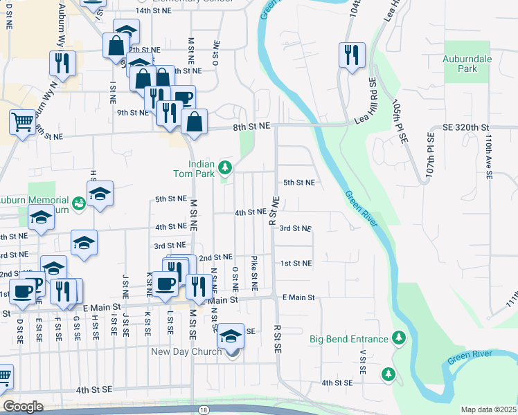 map of restaurants, bars, coffee shops, grocery stores, and more near 316 Pike Street Northeast in Auburn