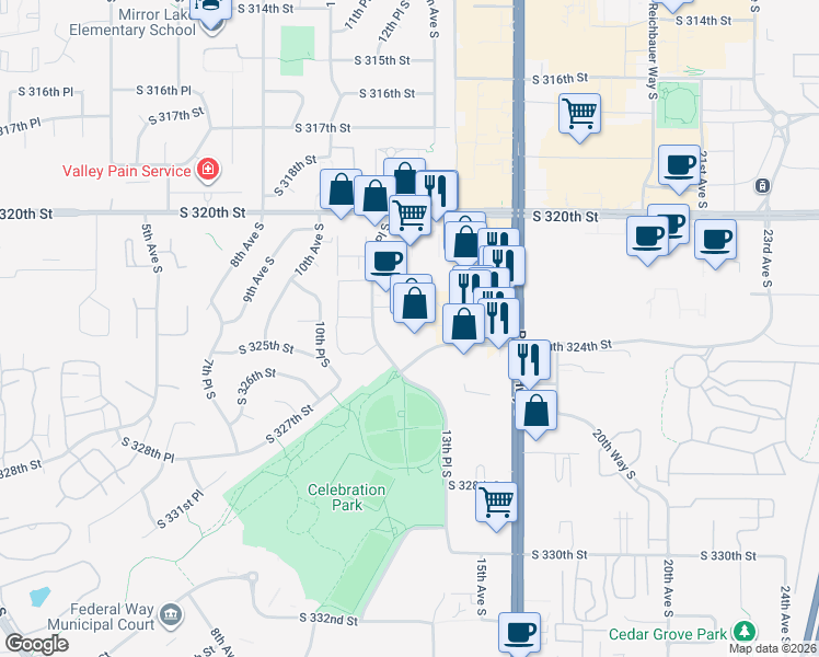 map of restaurants, bars, coffee shops, grocery stores, and more near 1207 South 324th Street in Federal Way