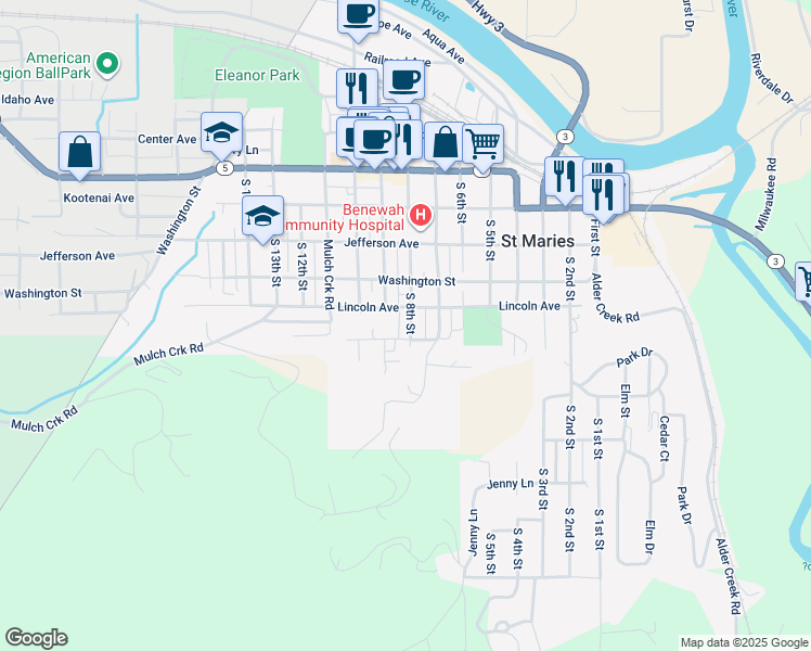 map of restaurants, bars, coffee shops, grocery stores, and more near 843 Highland Avenue in Saint Maries