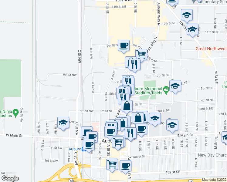 map of restaurants, bars, coffee shops, grocery stores, and more near 418 B Street Northeast in Auburn