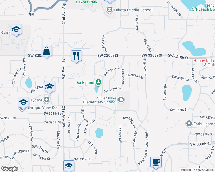 map of restaurants, bars, coffee shops, grocery stores, and more near 1419 Southwest 323rd Street in Federal Way