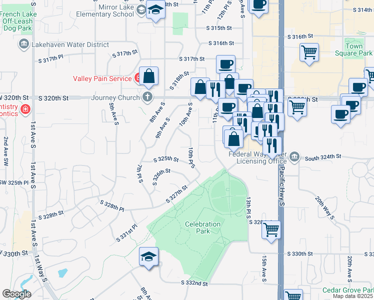 map of restaurants, bars, coffee shops, grocery stores, and more near 1095 South 324th Place in Federal Way