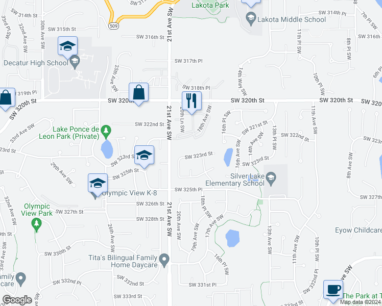 map of restaurants, bars, coffee shops, grocery stores, and more near 1832 Southwest 323rd Street in Federal Way