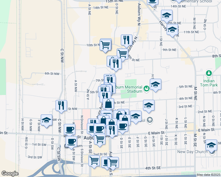 map of restaurants, bars, coffee shops, grocery stores, and more near 420 Auburn Way North in Auburn