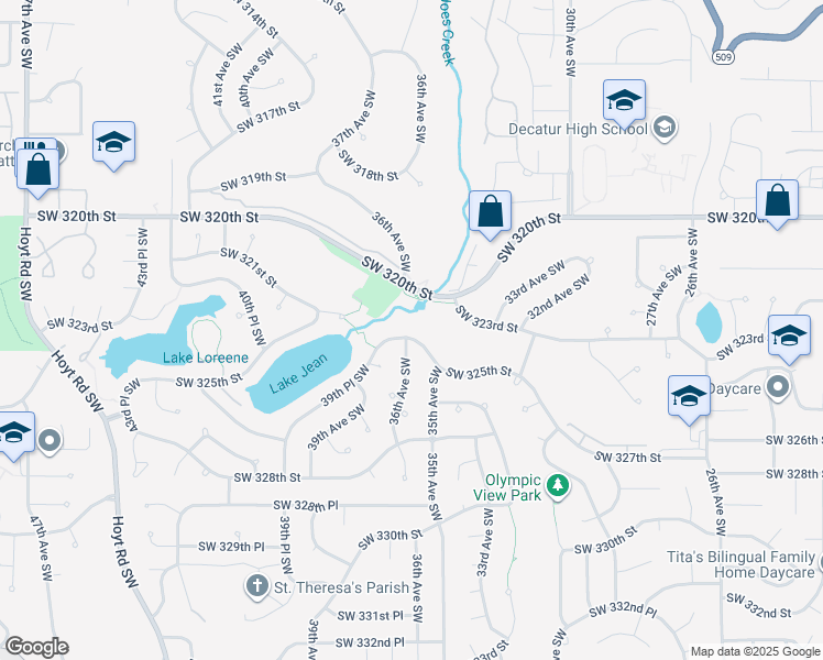 map of restaurants, bars, coffee shops, grocery stores, and more near 3515 Southwest 325th Street in Federal Way