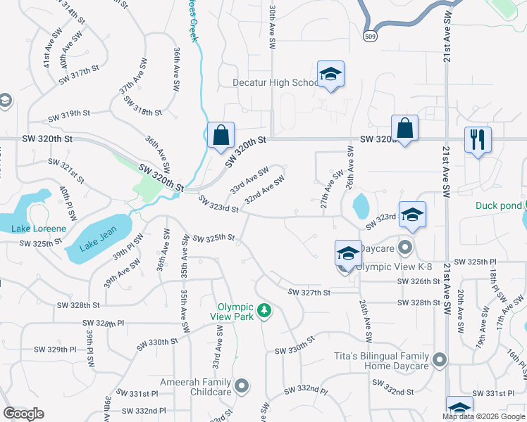 map of restaurants, bars, coffee shops, grocery stores, and more near 2913 Southwest 323rd Street in Federal Way