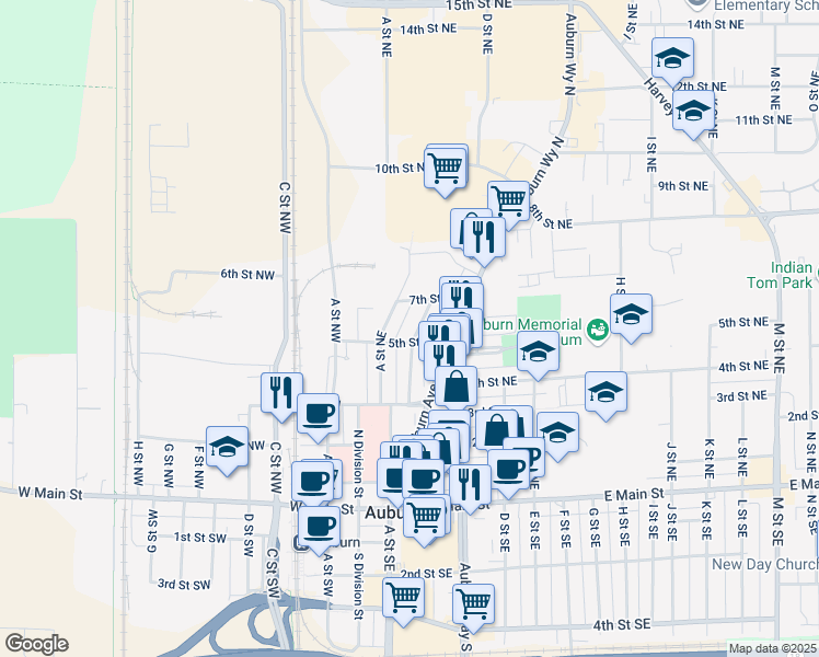 map of restaurants, bars, coffee shops, grocery stores, and more near 509 B Street Northeast in Auburn