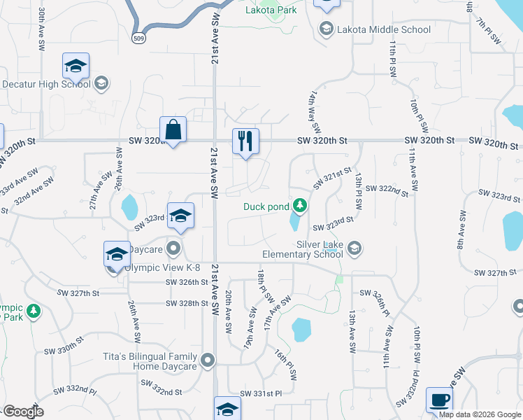 map of restaurants, bars, coffee shops, grocery stores, and more near 32134 18th Avenue Southwest in Federal Way