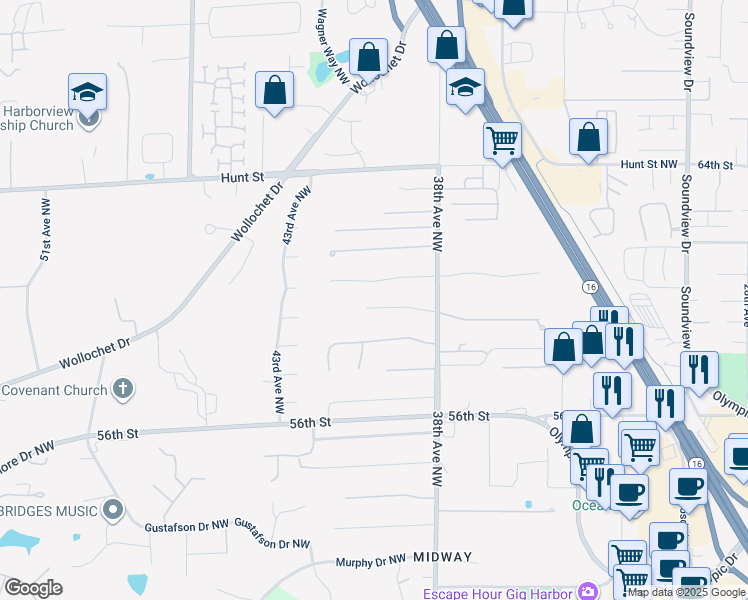 map of restaurants, bars, coffee shops, grocery stores, and more near 3907 60th Street Court in Gig Harbor