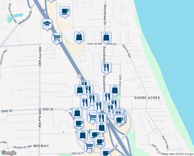 map of restaurants, bars, coffee shops, grocery stores, and more near 5968 Soundview Drive in Gig Harbor
